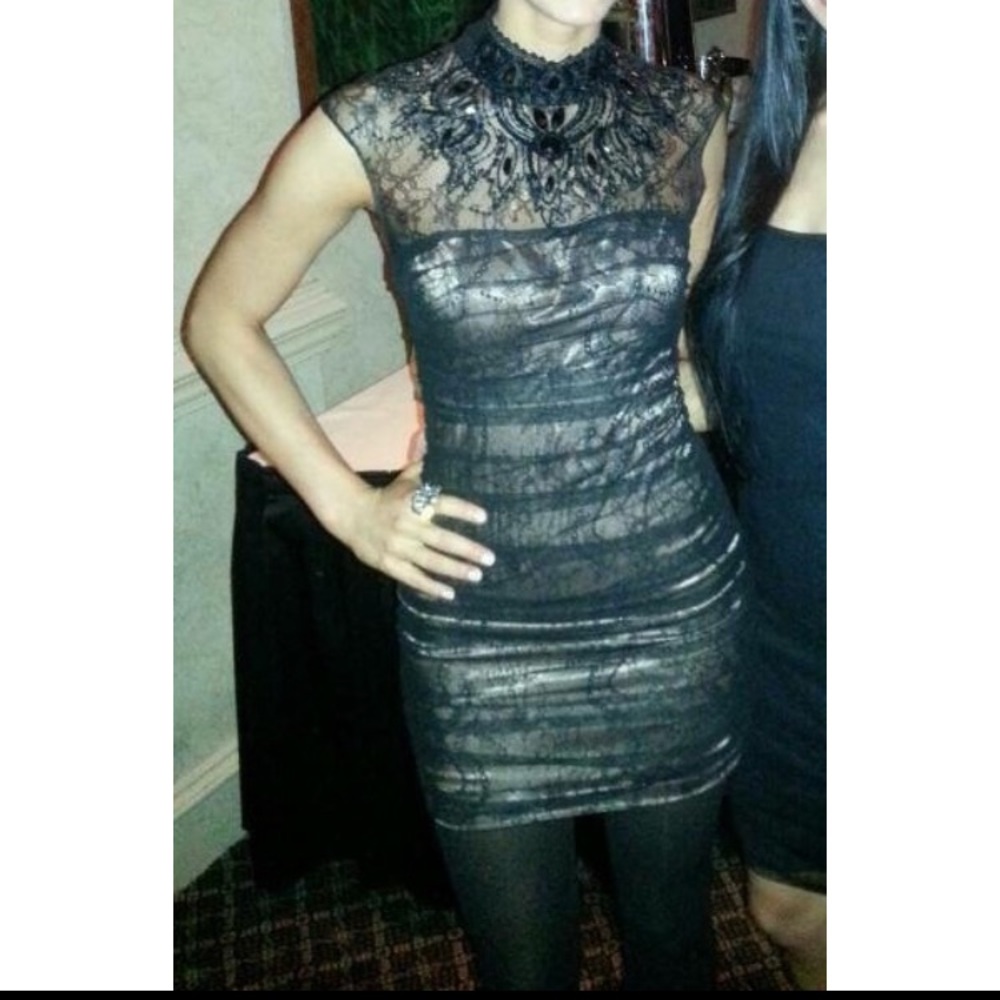 Bebe Black Lace Illusion Stretch Bodycon Dress XS